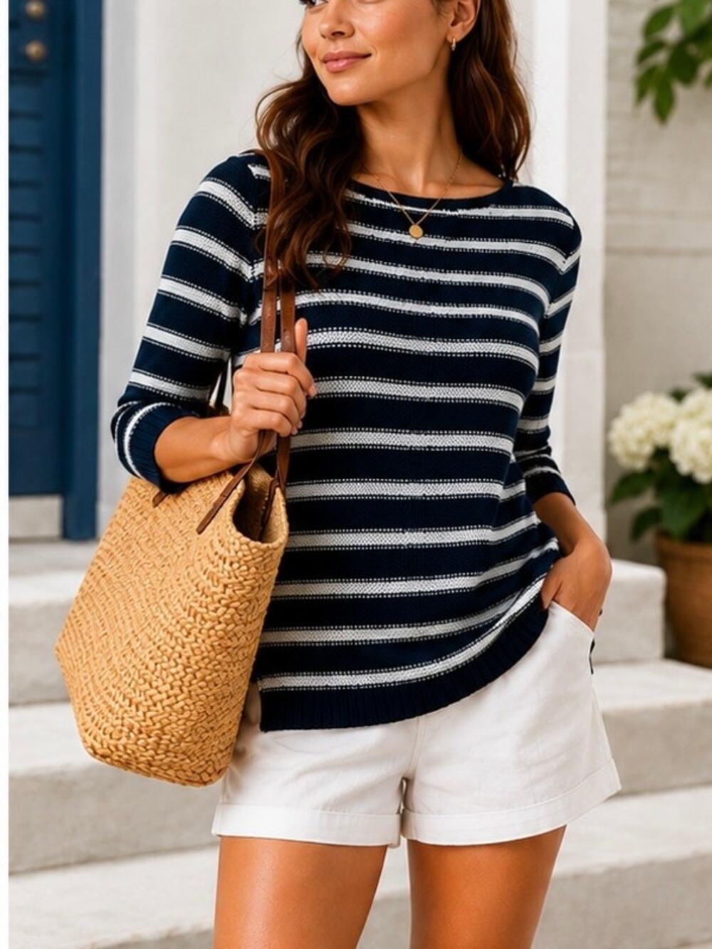 CHAPS 3/4 Sleeve Cotton Linen Blue and White Stripe Knit Top Size Medium
